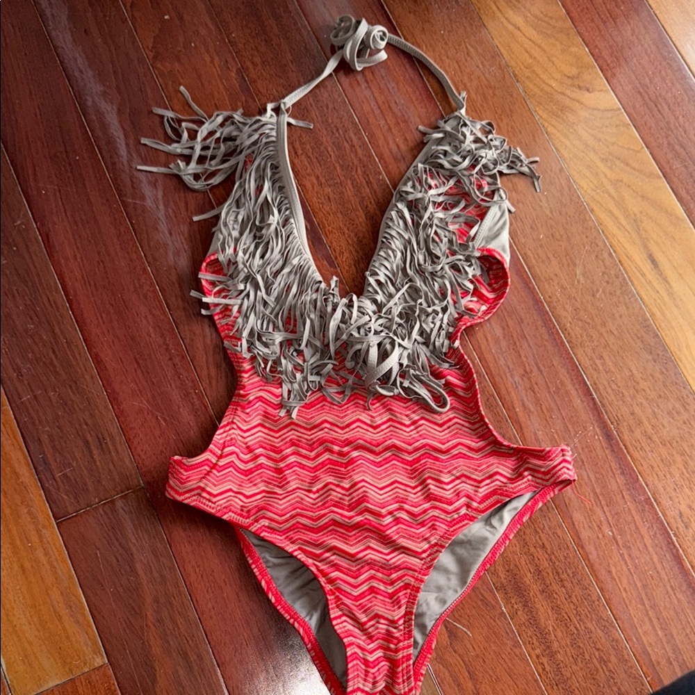 Lspace Fringe Red and Gray One Piece Swimsuit